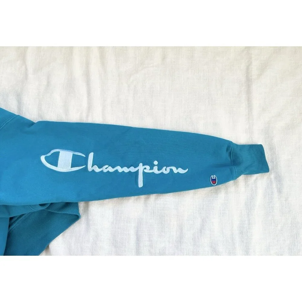 Champion Reverse Weave Arm Spell Out Crew Neck Sweatshirt Aqua Size Large - Picture 6 of 9